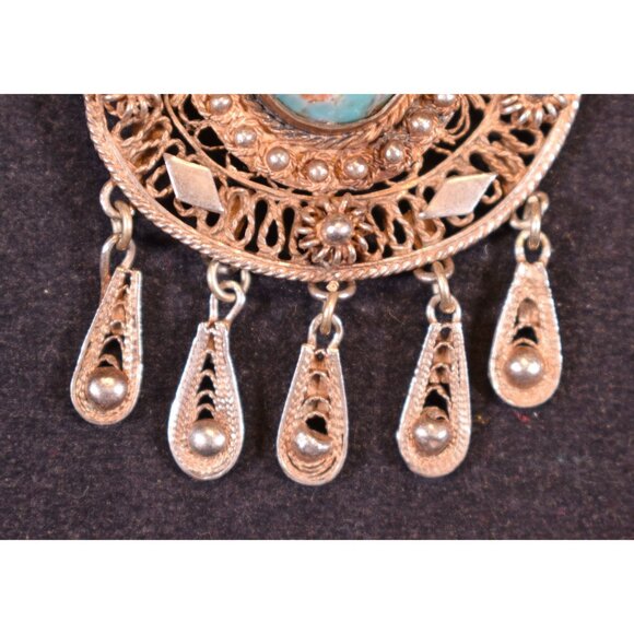Vtg Large 925 Sterling Silver Filigree Pendant w/Blue Stone & Dangles - Picture 5 of 9